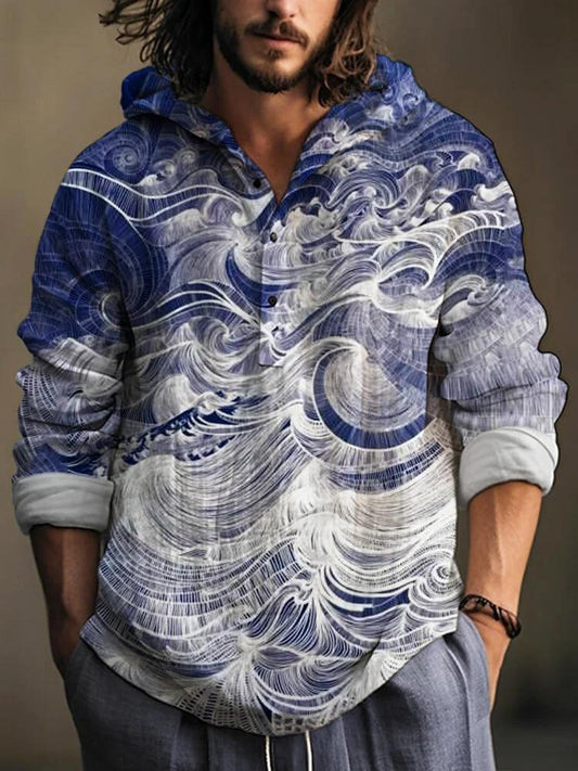 Ocean Line Art Print Linen Hooded Shirt