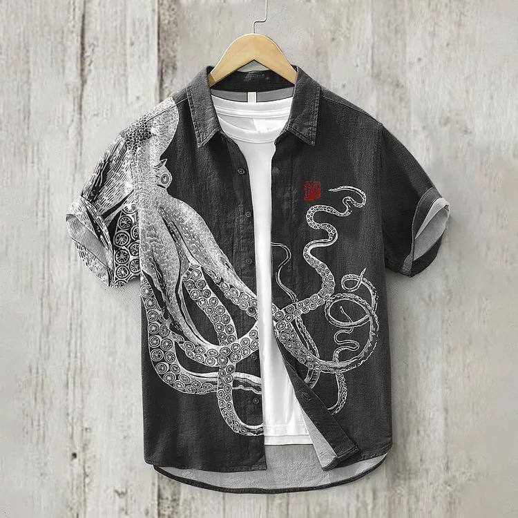 Japanese Art Octopus And Crab Print Casual Linen Blend Shirt