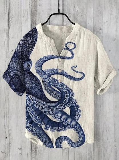 Japanese Art Octopus Graphic Printed Short Sleeve Shirt