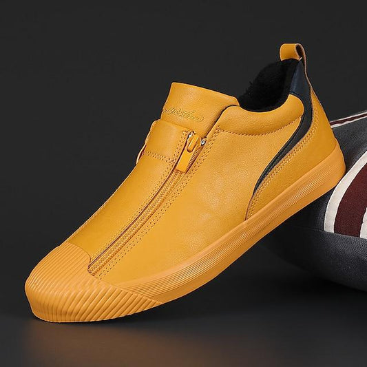 Men's Yellow Leather Slip-On Sneakers With Zipper Closure For Casual Wear