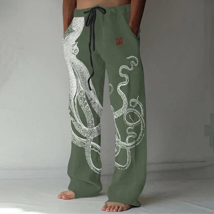 Japanese Art Octopus And Crab Print Casual Linen Blend Pants