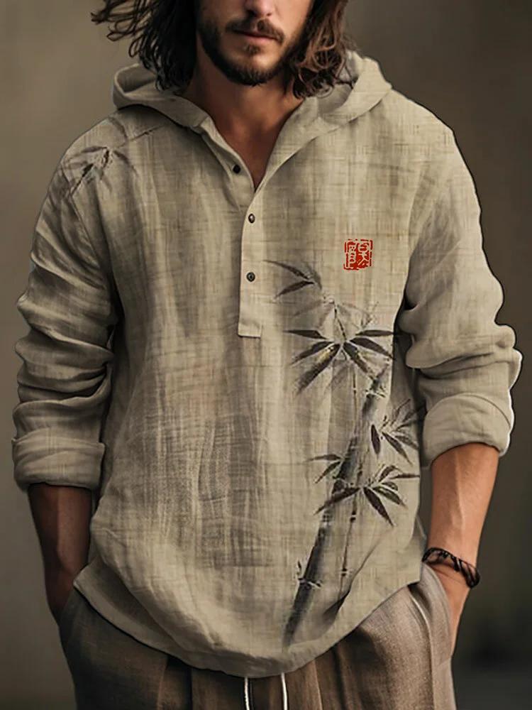 Simple Bamboo Japanese Art Linen Blend Hooded Shirt