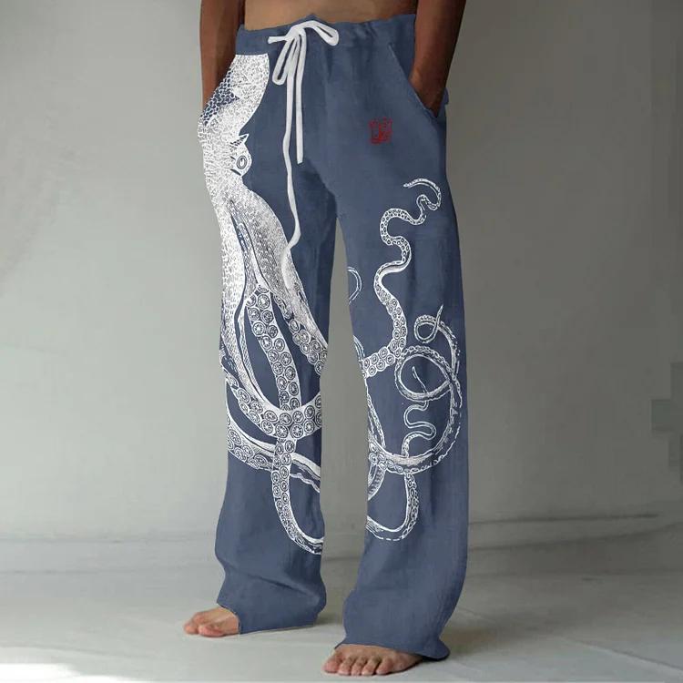 Japanese Art Octopus And Crab Print Casual Linen Blend Pants