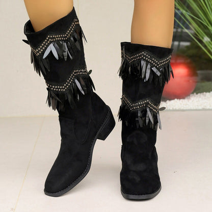 Rhinestone Thick Heel Boots