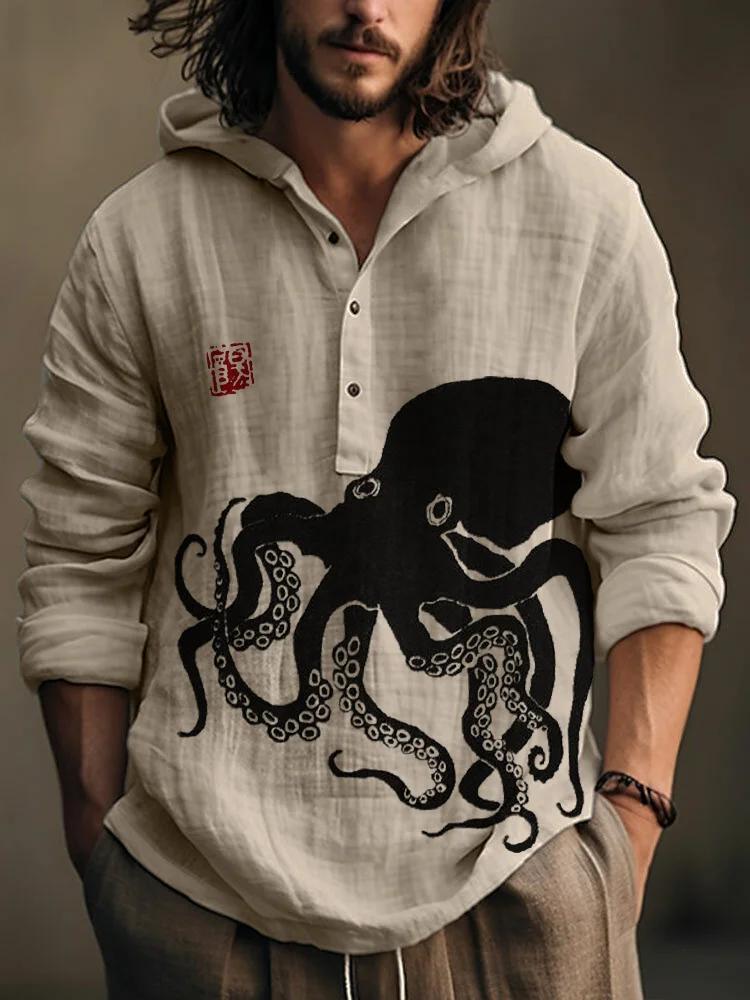 Octopus Japanese Lino Art Linen Blend Hooded Shirt