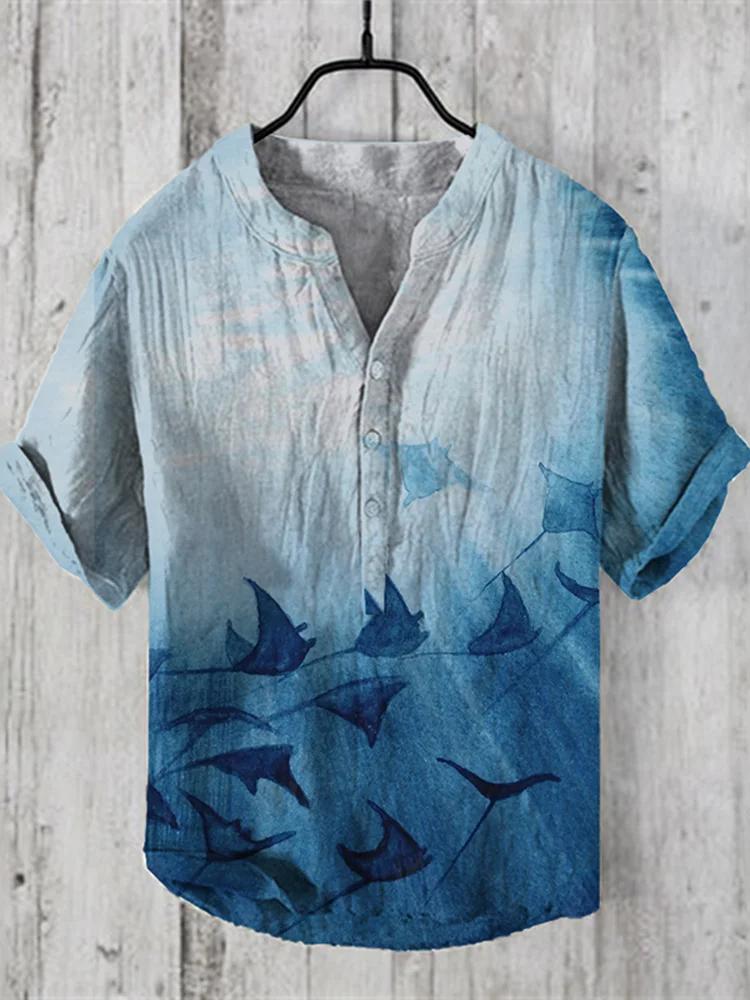 Manta Rays Art Print Linen Blend Casual Shirt