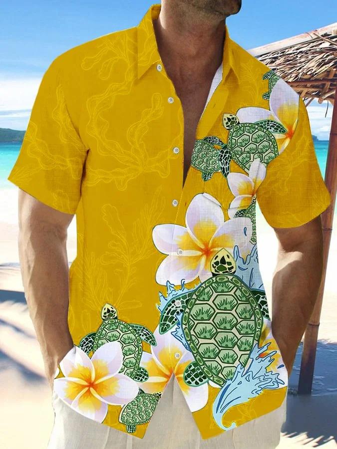 Men's Hawaiian Turtle Print Fashionable Resort Casual Shirt (With Pockets)