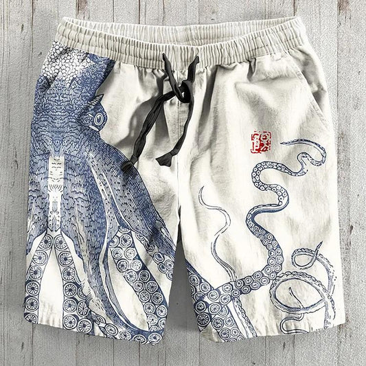 Retro Japanese Art Octopus Graphic Printed Casual Shorts