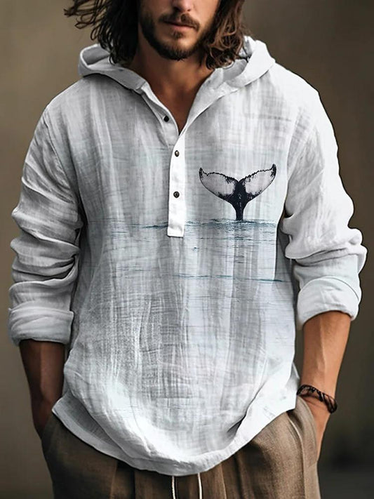 Whale Tail Print Linen Blend Casual Hooded Shirt