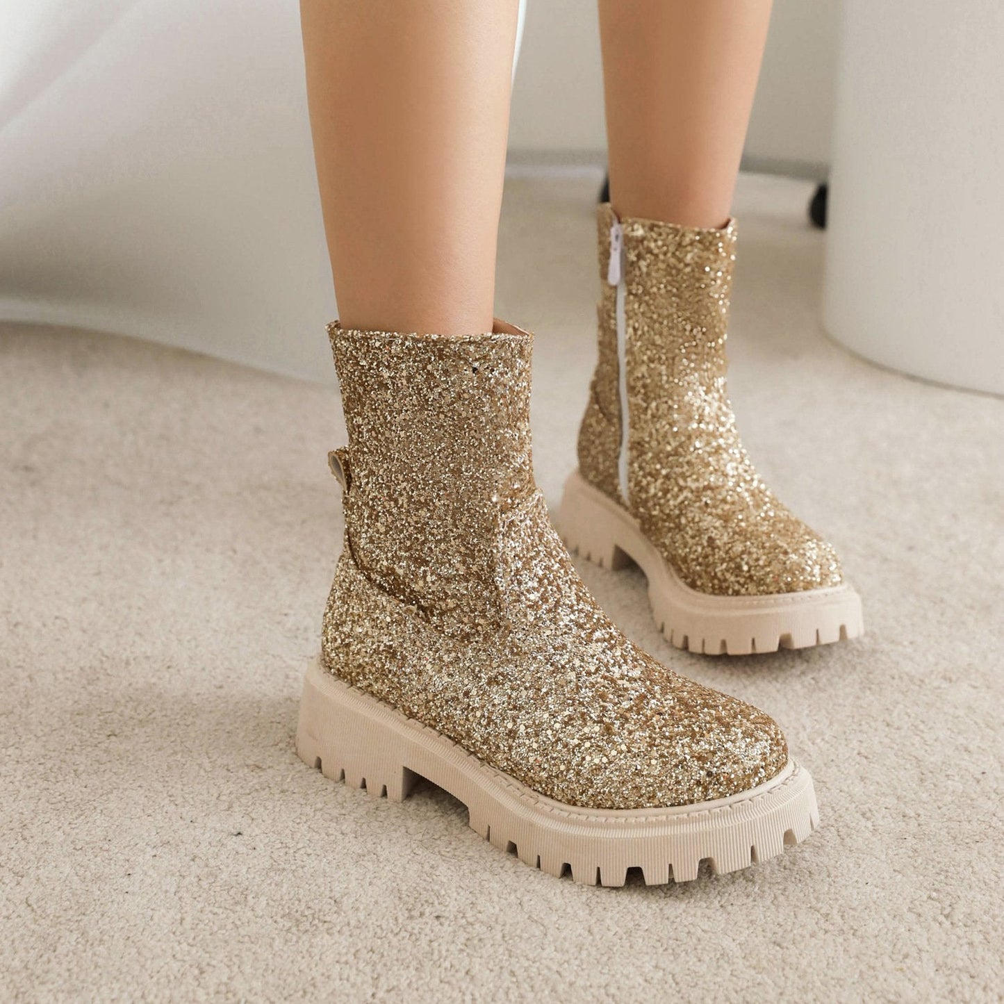 Sequined Low-Heel Martin Boots