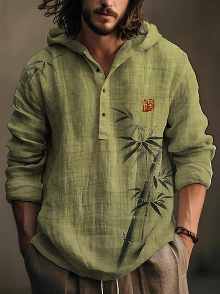 Simple Bamboo Japanese Art Linen Blend Hooded Shirt