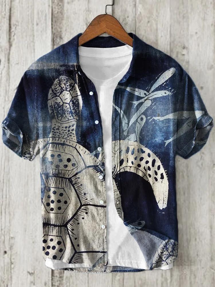 Sea Turtle & Fish Japanese Lino Art Linen Blend Shirt