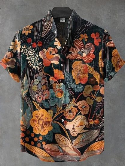 Vintage Flower Art Print Casual 100% Cotton Shirt