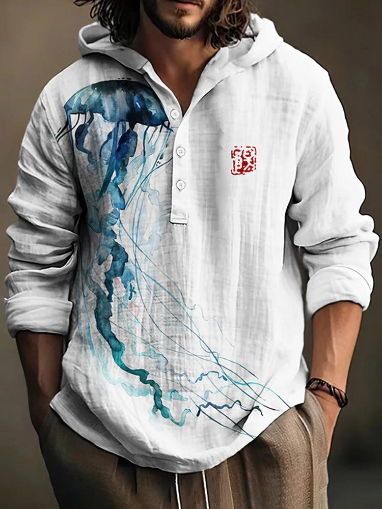 Japanese Art Jellyfish Print Linen Blend Hoodie