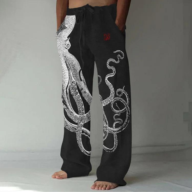 Japanese Art Octopus And Crab Print Casual Linen Blend Pants