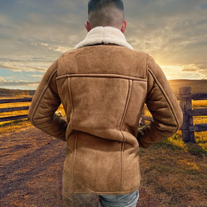 Men's Classic Shearling Collar Leather Cowboy Jacket