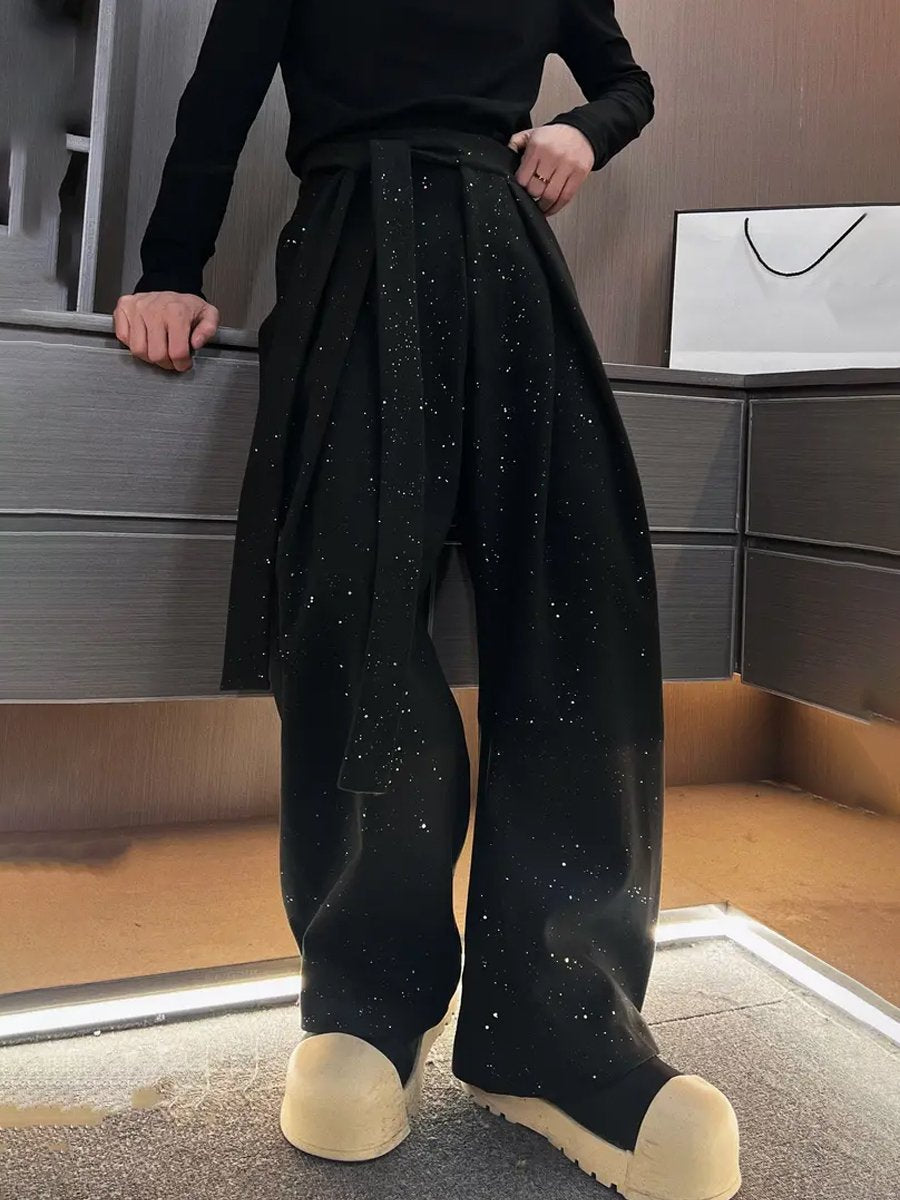 Men's Rhinestone Sparkle Fashion Woolen Belted Scimitar Pants