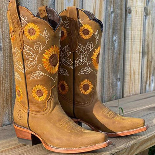 Sunflower Embroidered Western Cowboy Boots