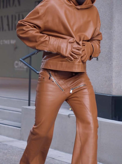 Men's hooded collar zip-up leather suit