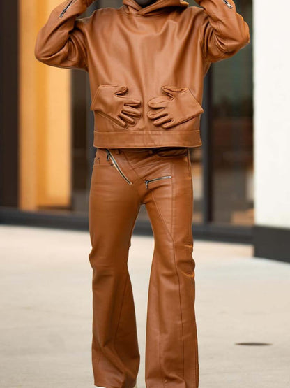 Men's hooded collar zip-up leather suit