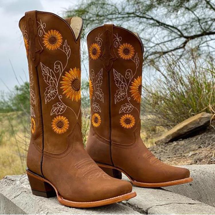 Sunflower Embroidered Western Cowboy Boots