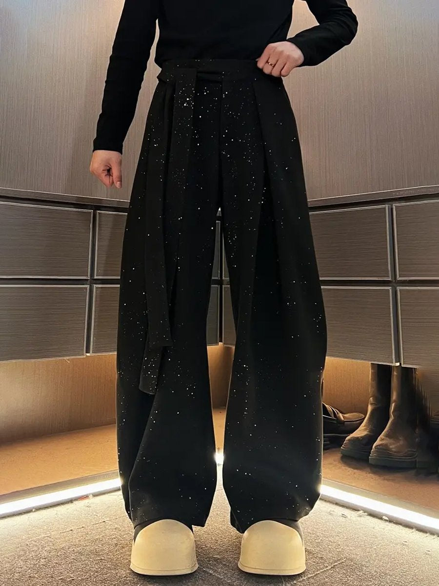 Men's Rhinestone Sparkle Fashion Woolen Belted Scimitar Pants