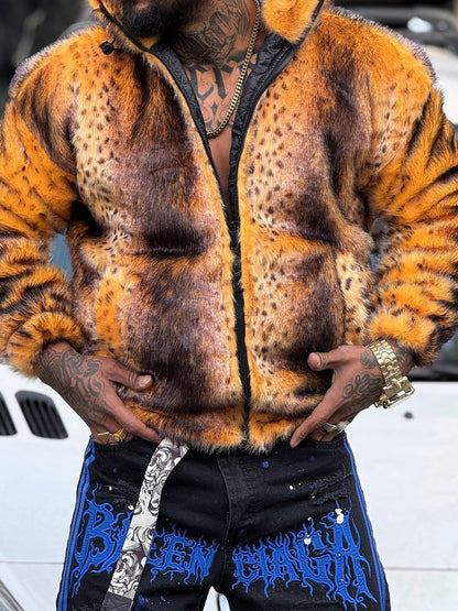 Men's Leopard Print Faux Fur Plush Coat