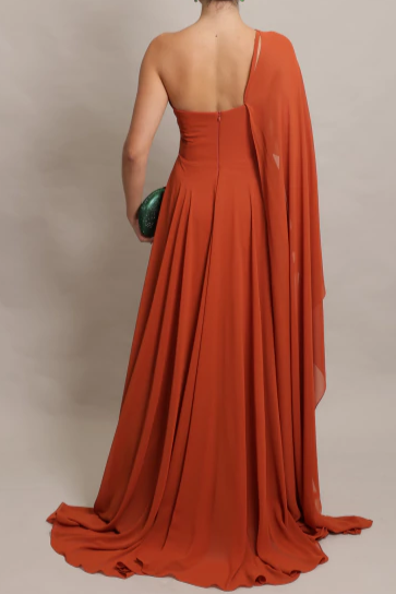 Long One-shoulder Dress With Cape