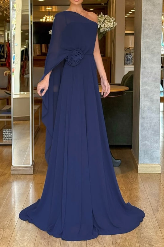 Long One-shoulder Dress With Cape