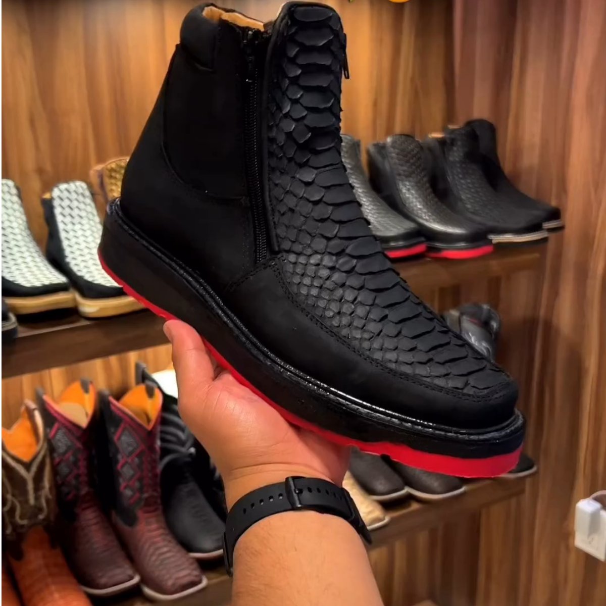 Black Red Textured Zip Men's Boots