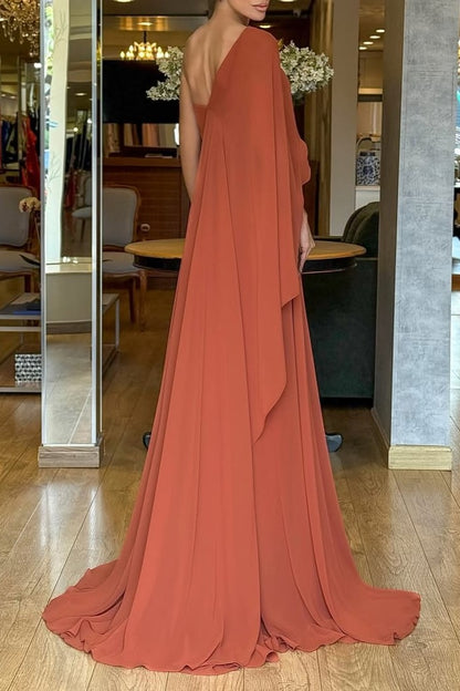 Long One-shoulder Dress With Cape