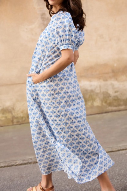Blue Floral Square Neck Dress